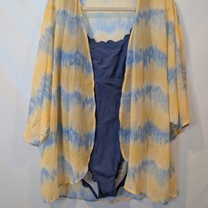 Yellow-Blue Tie-Dye Cover-Up kimono cardigan XL nwot